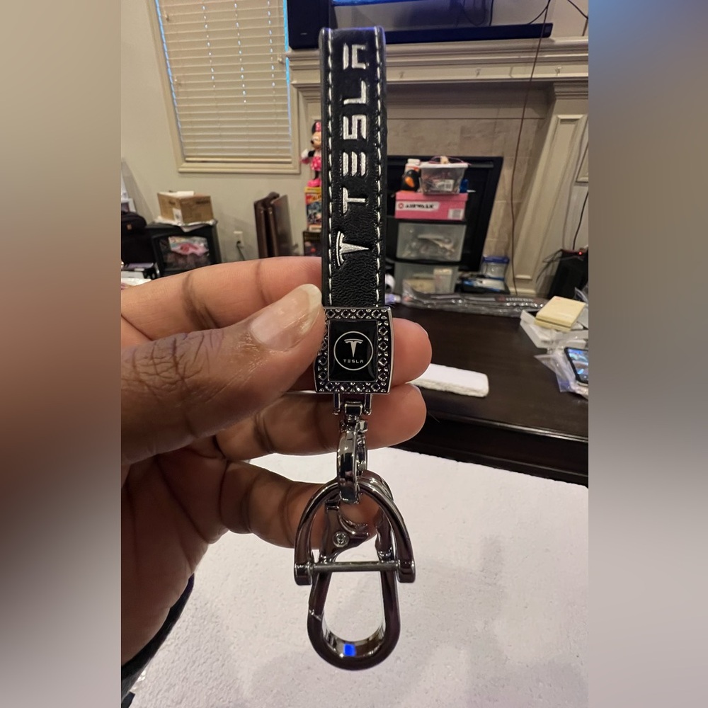 TESLA Black & Silver Leather Chrome Keychain